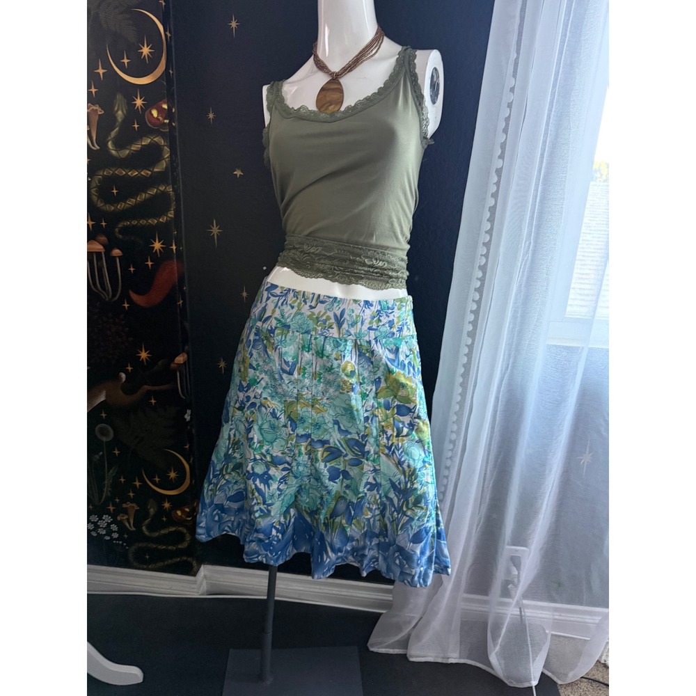Hazan Floral Cotton Knee Length Skirt Blue Green White Size 8 Pleated A-Line